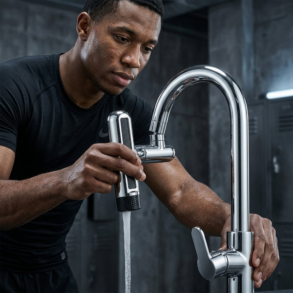 Man using 720 Degree Rotating Anti-Splash Faucet Aerator to direct water effectively at a modern sink.