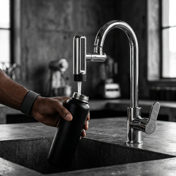 Person filling a black water bottle using a stylish 720 Degree Rotating Anti-Splash Faucet Aerator in a modern kitchen.