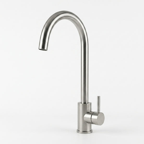 Classic Single Hole Kitchen Faucet with 360 Swivel in stainless steel finish against a white background.