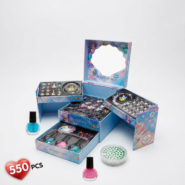 Childrens Handmade Plastic Crystal Gem Toy Set featuring colorful makeup accessories and craft items in a stylish box.