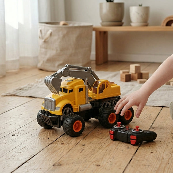 Remote Control Construction Engineering Excavator Truck toy in use with remote control and wooden blocks.