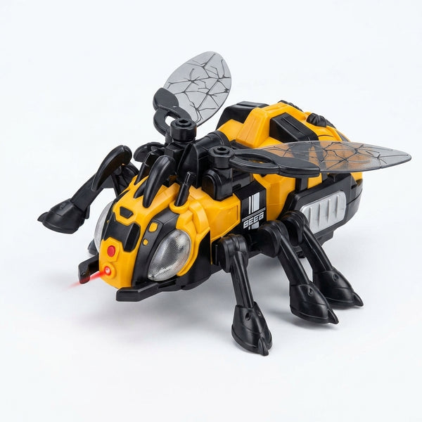 Remote Control STEM Robot Bee Toy with Spray in a realistic black and yellow design, featuring movable wings and LED lights.