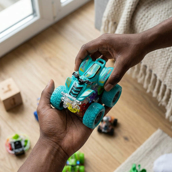 Colorful Plastic Four Wheel Drive Double-Sided Stunt Car held in hands, showcasing its vibrant design and durability.