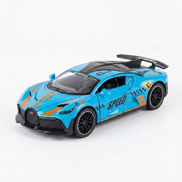 1 32 Scale Diecast Pull Back Supercar in blue with SPEED design, featuring realistic details and pull back action.