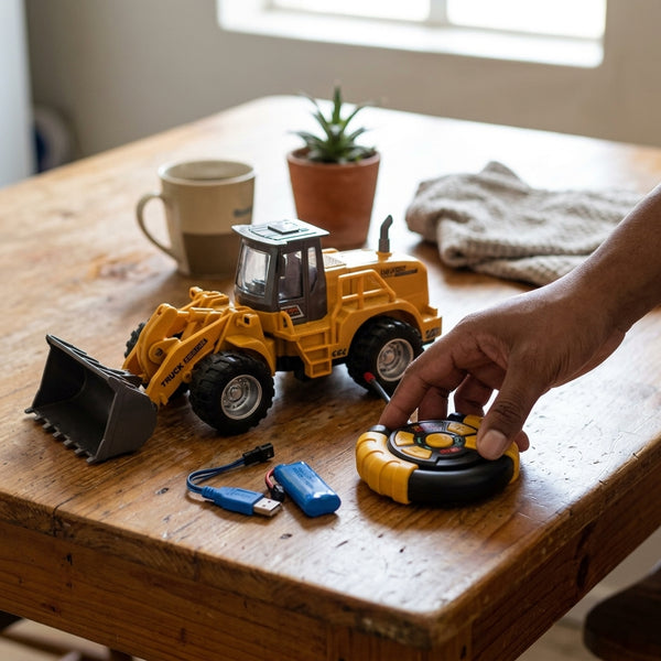 Kids Engineering Bulldozer Toy with Rolling Wheels on a table with remote control and accessories.