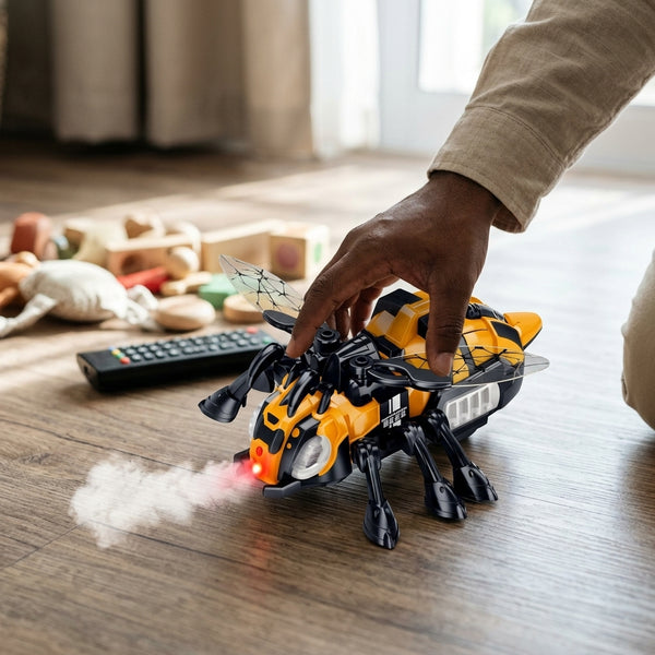 Remote Control STEM Robot Bee Toy with Spray being operated by a child, emitting vapor, on a playroom floor.