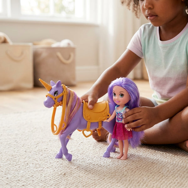 Child playing with the 11.5-Inch Fashion Princess Doll and Electric Horse in a cozy indoor setting.