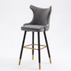 Modern Upholstered Bar Stool with Backrest in gray fabric and gold accents, ideal for kitchen islands and home bars.