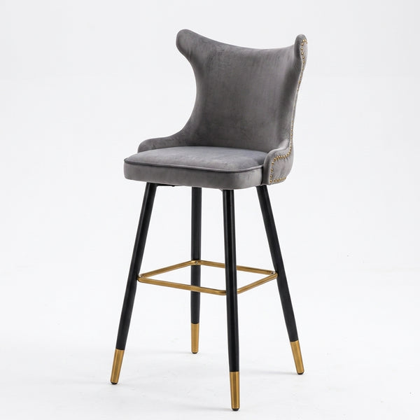 Modern Upholstered Bar Stool with Backrest in gray fabric and gold accents, ideal for kitchen islands and home bars.