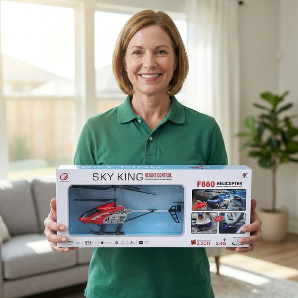 Beginner-Friendly Electric RC Jet Airplane displayed by a smiling woman holding the product box indoors.