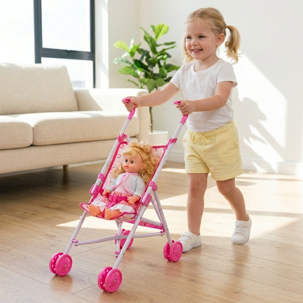 A young girl pushing a 12-Inch Baby Doll and Foldable Stroller with a doll inside, encouraging imaginative play.