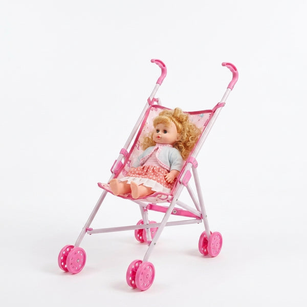 12-Inch Baby Doll and Foldable Stroller with a doll seated in a pink stroller, perfect for imaginative roleplay.