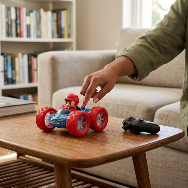 Child playing with 4WD Double-Sided Stunt Climbing RC Car on a wooden table with a game controller nearby.
