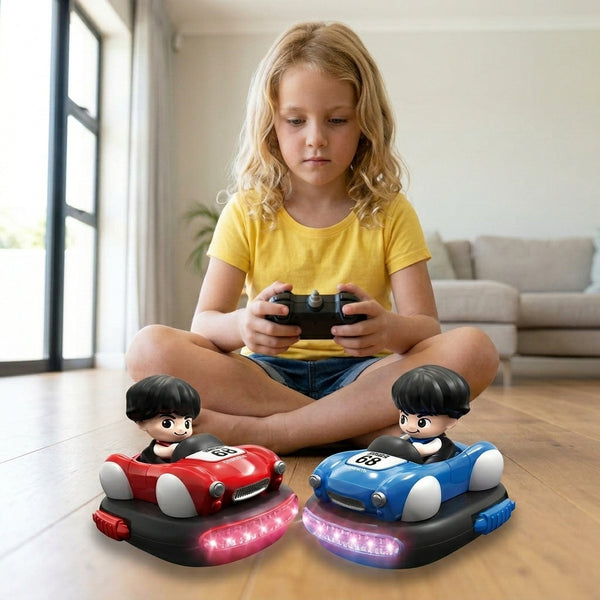 Child playing with 2.4G RC Ejection Bumper Car Twin Pack, featuring red and blue bumper cars and remote controller