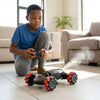 Child playing with the 6-Wheel Remote Control RC Stunt Car indoors, showcasing its stunting capabilities and fun.