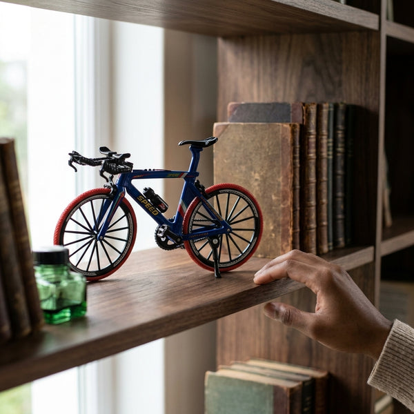 1 8 Scale Diecast Alloy Bicycle Model displayed on a bookshelf with hand reaching for it, showcasing its detailed design.