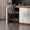 Modern Upholstered Bar Stool with Backrest in stylish gray fabric with tufted design and gold accents, perfect for kitchens.