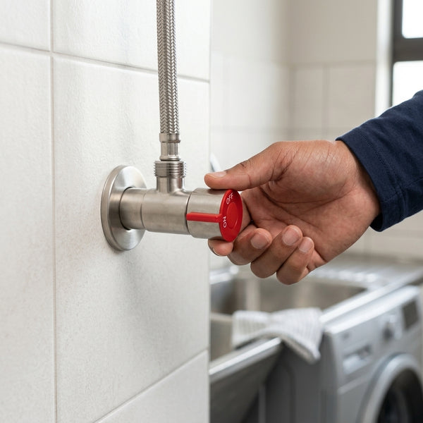 A hand adjusting the Chrome Plated Stainless Steel Angle Valve for controlling water flow in a laundry room.