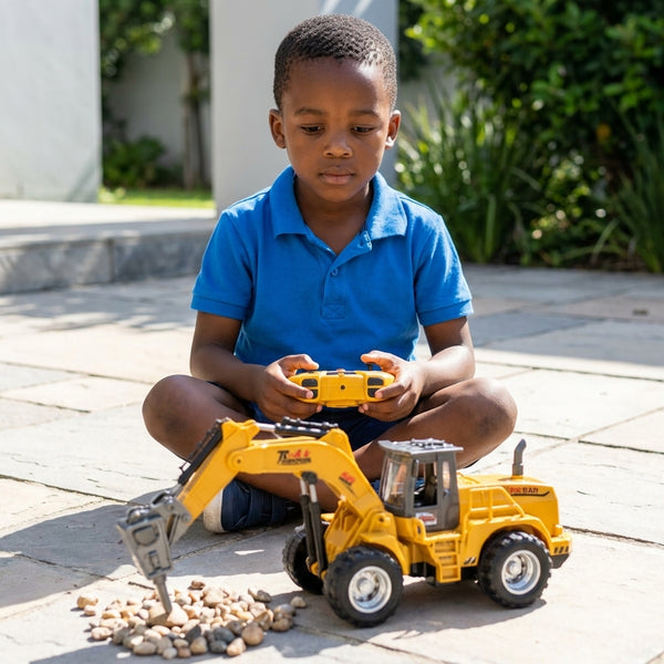 Child playing with Alloy Friction Powered Engineering Excavator Toy, controlling the mechanical arm over small rocks.