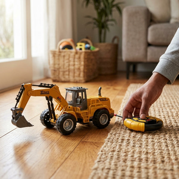Alloy Friction Powered Engineering Excavator Toy with remote control on a wooden floor.