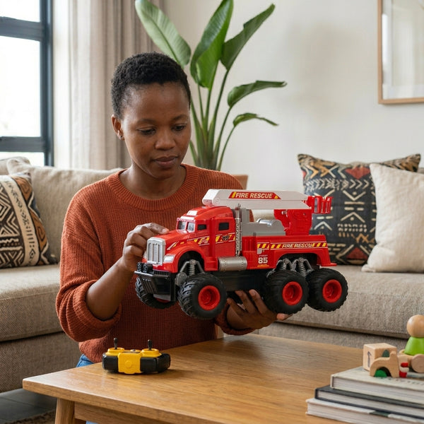 A woman playing with a Friction Powered Simulation Fire Truck Toy in a cozy living room.