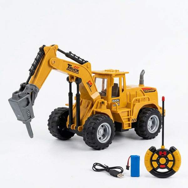 Alloy Friction Powered Engineering Excavator Toy with movable arm and jackhammer attachment.