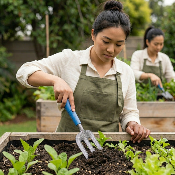 Woman using an Ergonomic Heavy Duty Garden Hand Fork in a vegetable garden to aerate soil.