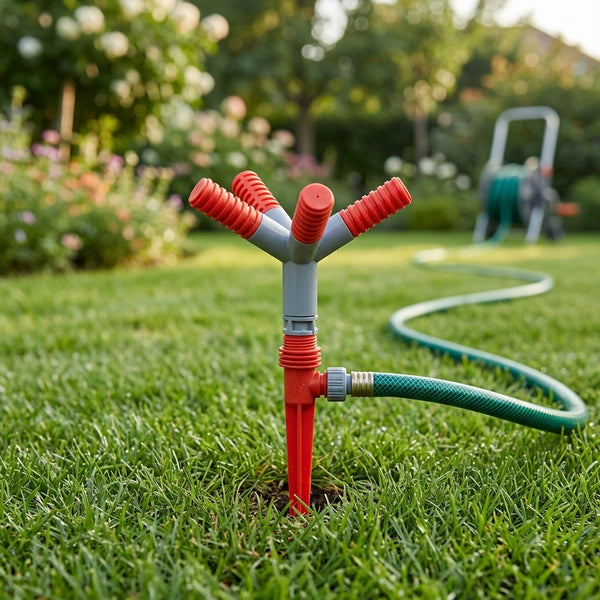 Garden Irrigation System with Adjustable 4-Arm Sprinkler in a lush green garden watering the lawn.