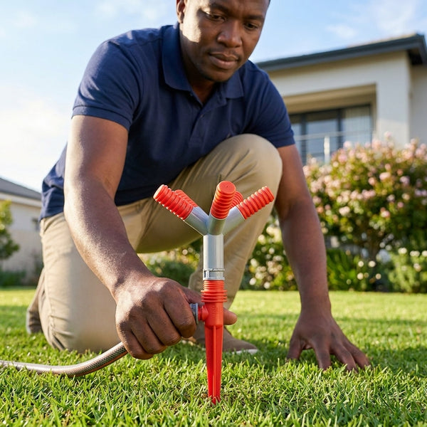 Man adjusting Garden Irrigation System with Adjustable 4-Arm Sprinkler on green lawn.