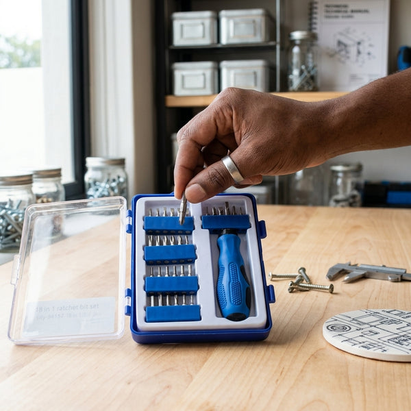 Professional Phillips Head Screwdriver with Steel Handle and interchangeable bits in a toolkit.