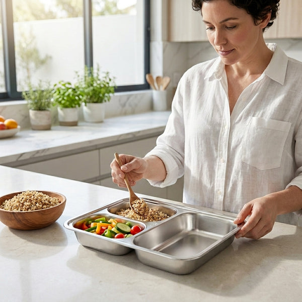 SUS304 Stainless Steel 3 Compartment Food Tray with vegetables and grains, used by a person in a modern kitchen.