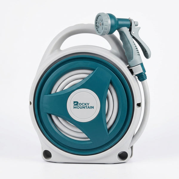 Retractable Portable Garden Hose Reel with compact reel design and adjustable nozzle, perfect for outdoor watering.