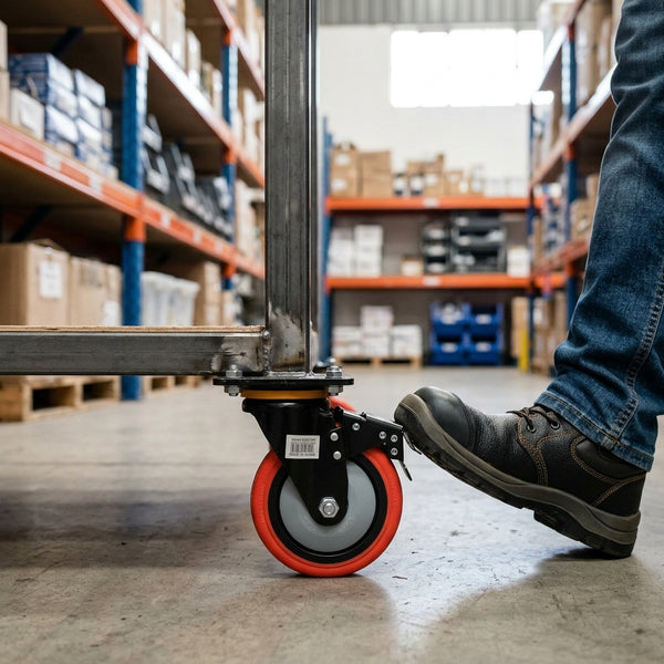 Heavy Duty Swivel Industrial Caster Wheel with a foot activating the wheel in a warehouse setting.