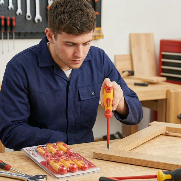 A person using the 5-Piece Insulated Magnetic Screwdriver Kit to work on a wooden project.
