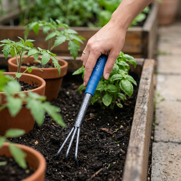 Heavy Duty 3-Prong Hand Rake being used to cultivate soil in a garden with potted plants.