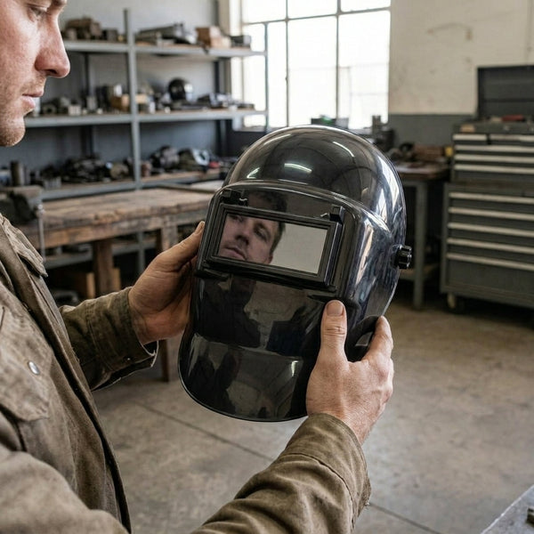 Person holding a German Style Auto Darkening Welding Helmet in a workshop setting, showcasing its reflective visor.