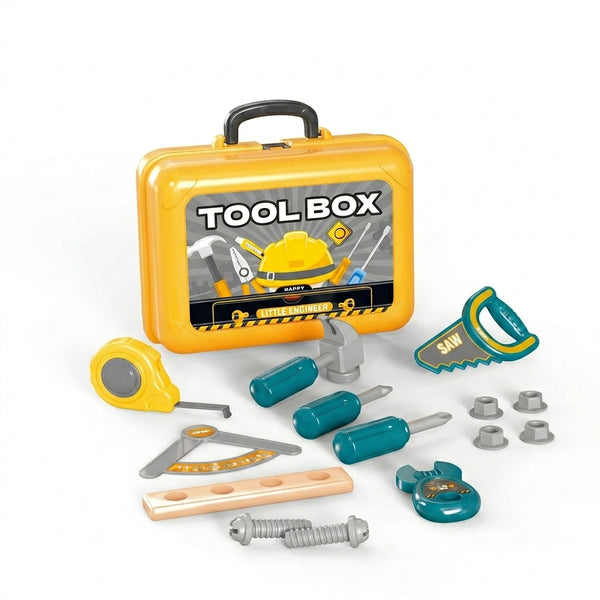 2-in-1 Portable Tool Set Toy Backpack with realistic tools and a yellow toolbox for creative play.