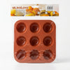 Non-Stick 12 Cup Silicone Muffin Pan in bright orange color packaging, ideal for baking cupcakes without sticking.