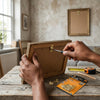 Hands installing the Triangular Sawtooth Picture Hanger on the back of a wooden frame for secure wall mounting.