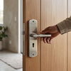 Aluminum Plate Security Door Lever Handle shown in use on a modern wooden door, enhancing home safety.