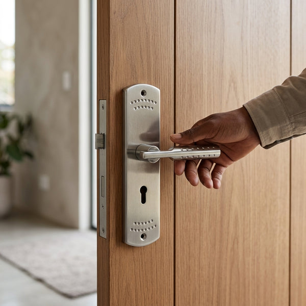 Aluminum Plate Security Door Lever Handle shown in use on a modern wooden door, enhancing home safety.