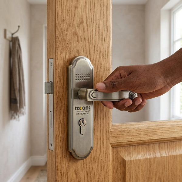 Person using the Polished Aluminum Lever Handle Door Lock on a wooden door for secure access.