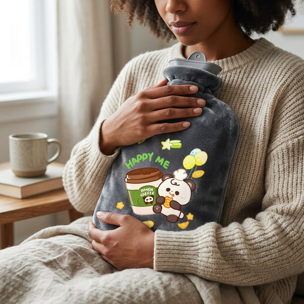 Person holding a 2L Hot Water Bottle with Plush Cover featuring a cute panda design, promoting warmth and comfort.