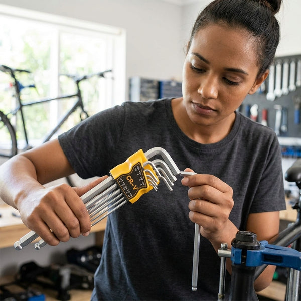 Woman using Carbon Steel L-Type Torx Hex Key Set in a workshop for precise fastener adjustments.