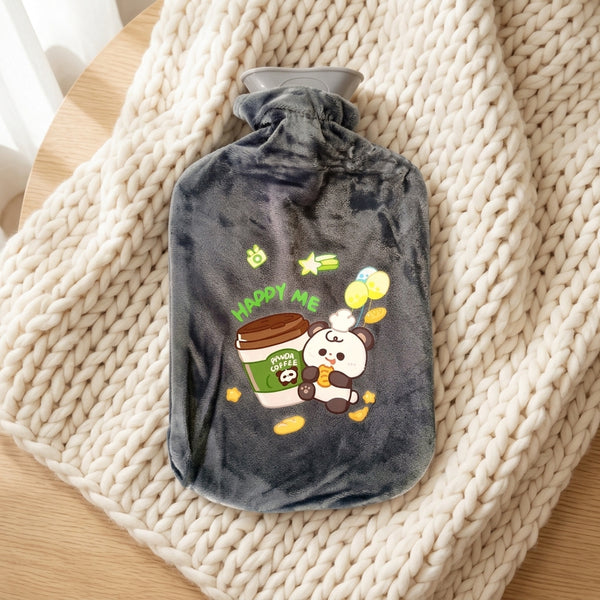 2L Hot Water Bottle with Plush Cover featuring a cute design on a cozy blanket.