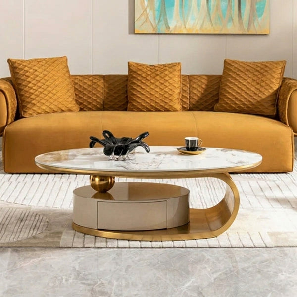 Marble Finish Top Coffee Table with elegant design in a stylish living room setting, featuring a modern sofa and decorative elements.