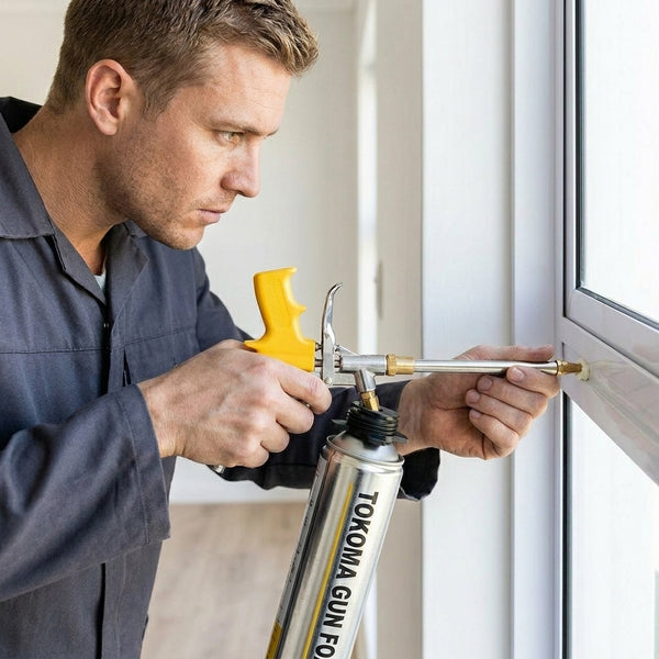 A person using a Heavy Duty Aluminous PU Foam Gun to seal a window for insulation.