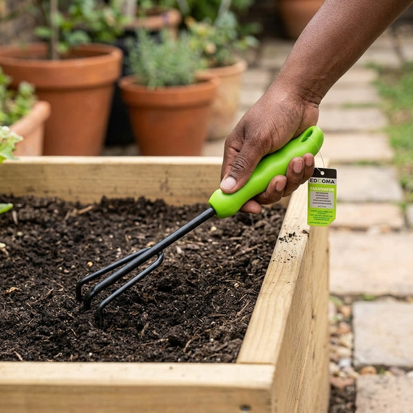 Person using a Heavy Duty 25cm Garden Hand Cultivator in a raised garden bed for effective soil aeration.