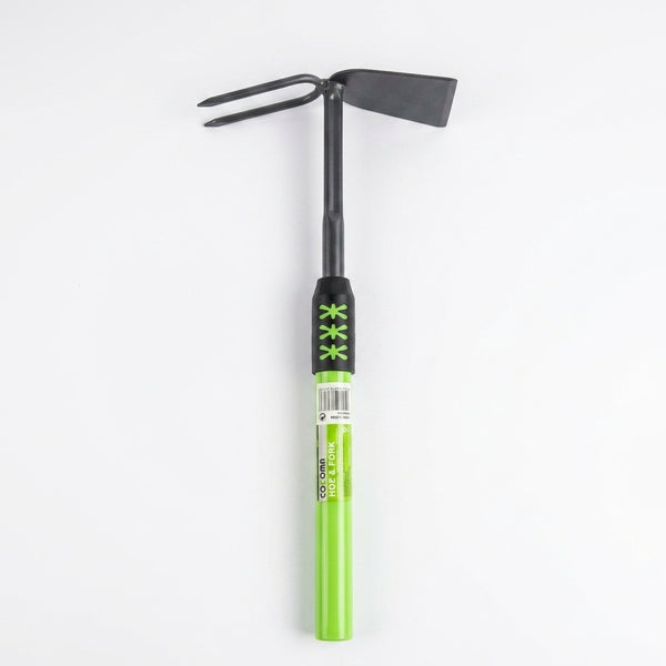 Multifunction Telescopic Garden Hoe and Fork with sharp blade and sturdy fork on an adjustable handle.
