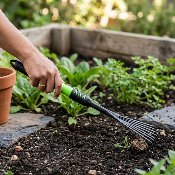 Person using a Metal Garden Lawn Rake with Telescopic Handle to maintain a garden bed.